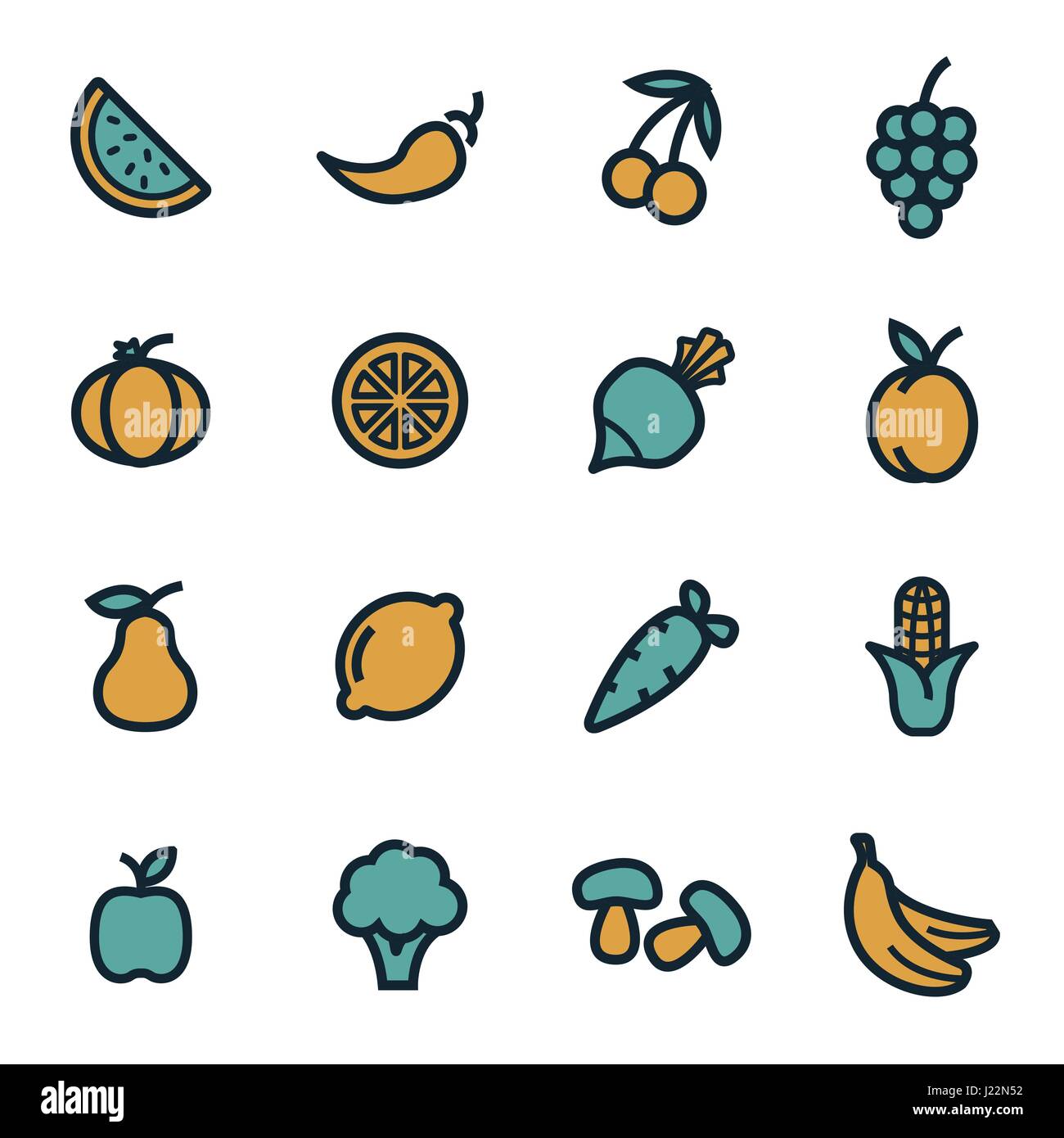 Vector flat fruit and vegetables icons set on white background Stock ...