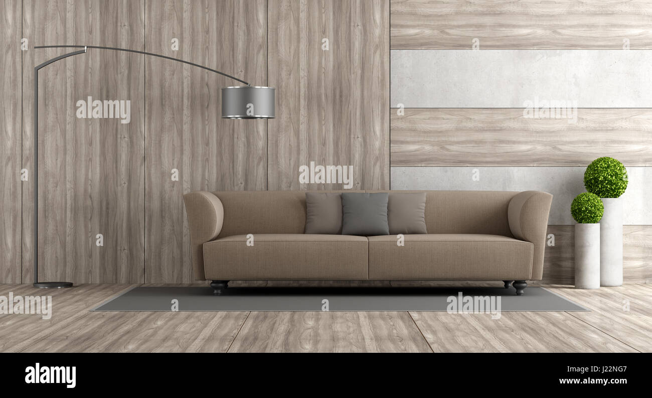 Wooden and concrete living room with sofa and floor lamp- 3d rendering Stock Photo