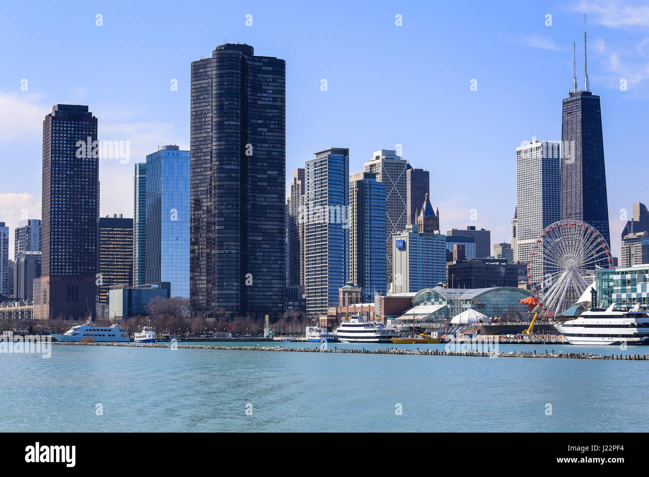Skyline with Navy Pier and John Hancock Center, Chicago, Illinois, USA Stock Photo