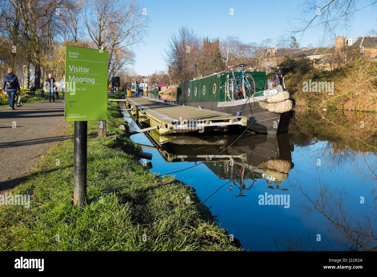 A barge berthed at the visitor mooring on the Union Canal, at Harrison