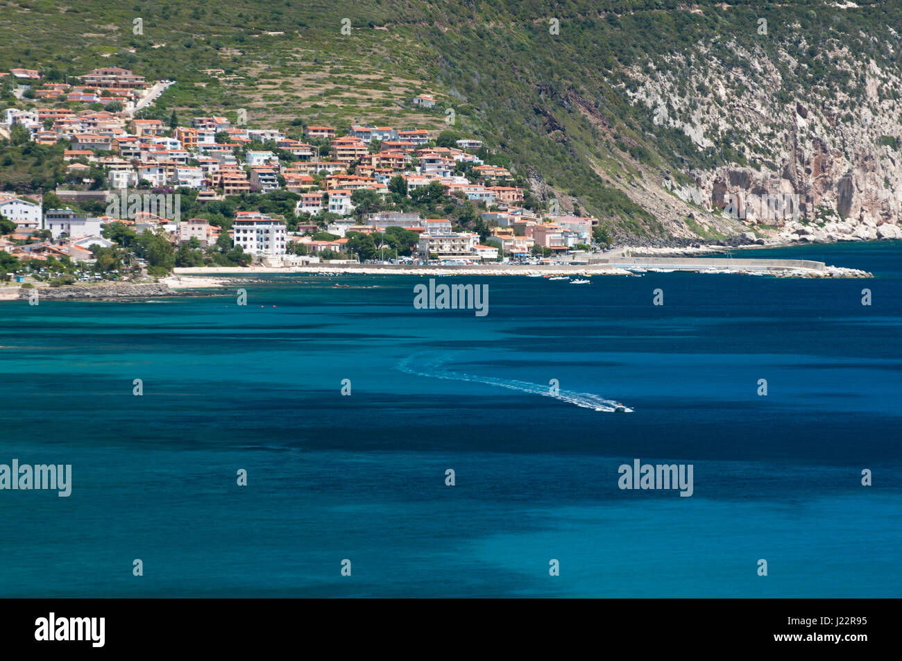 Aerial view of the port and coast of Cala Gonone, Sardinia, Italy Stock Photo