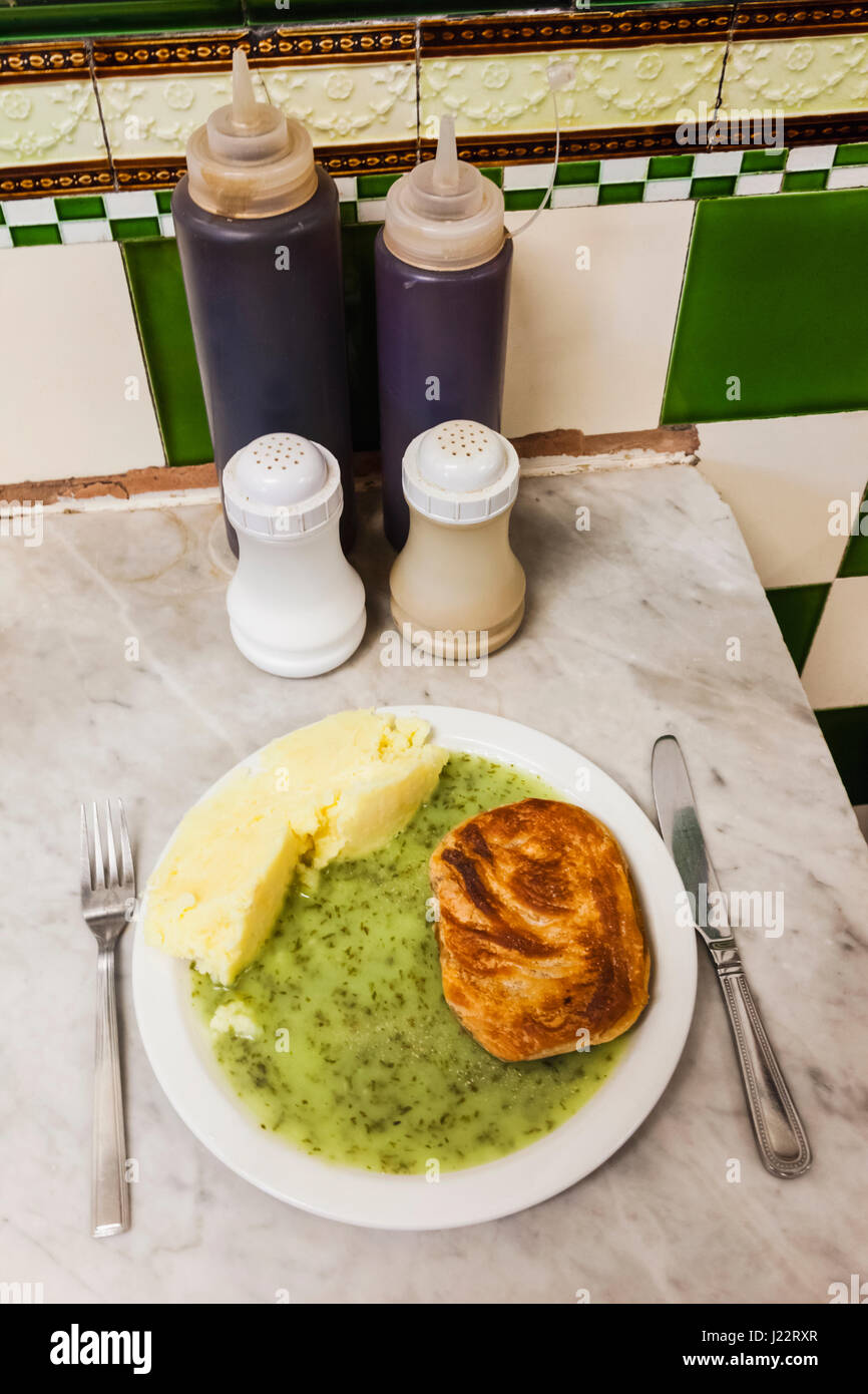 England, London, Southwark, Manze Pie and Mash Shop, Plate of Pie and Mash and Liquor Stock
