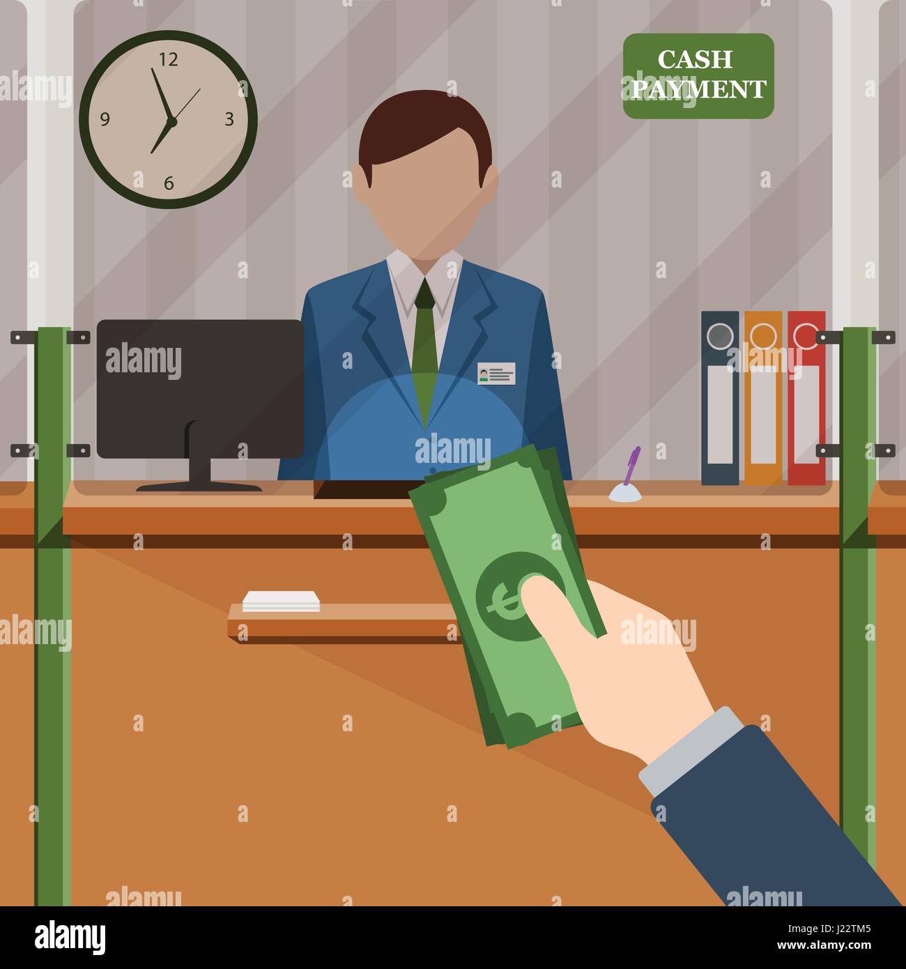 Bank teller behind window. Hand with cash. Depositing money in bank account. Signboard Cash Payment. People service and payment. Vector illustration i Stock Vector