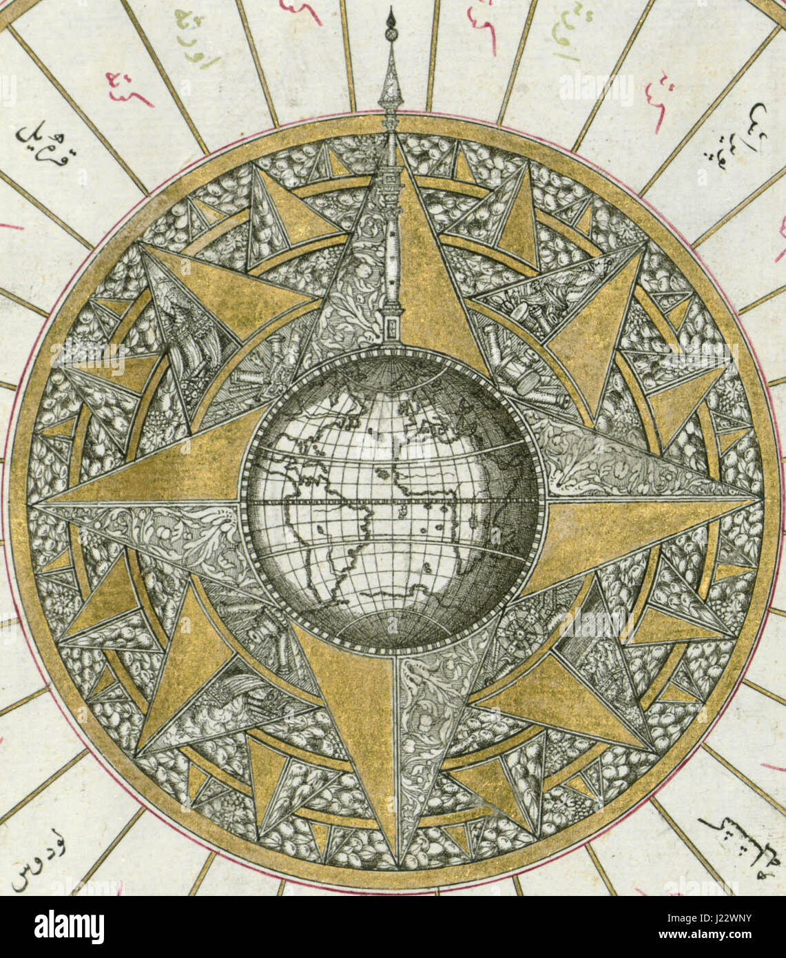 Illuminated Manuscript, Map of Western hemisphere within a windrose, from Book on Navigation, Walters Art Museum Ms. W.658, fol.24b detail Stock Photo