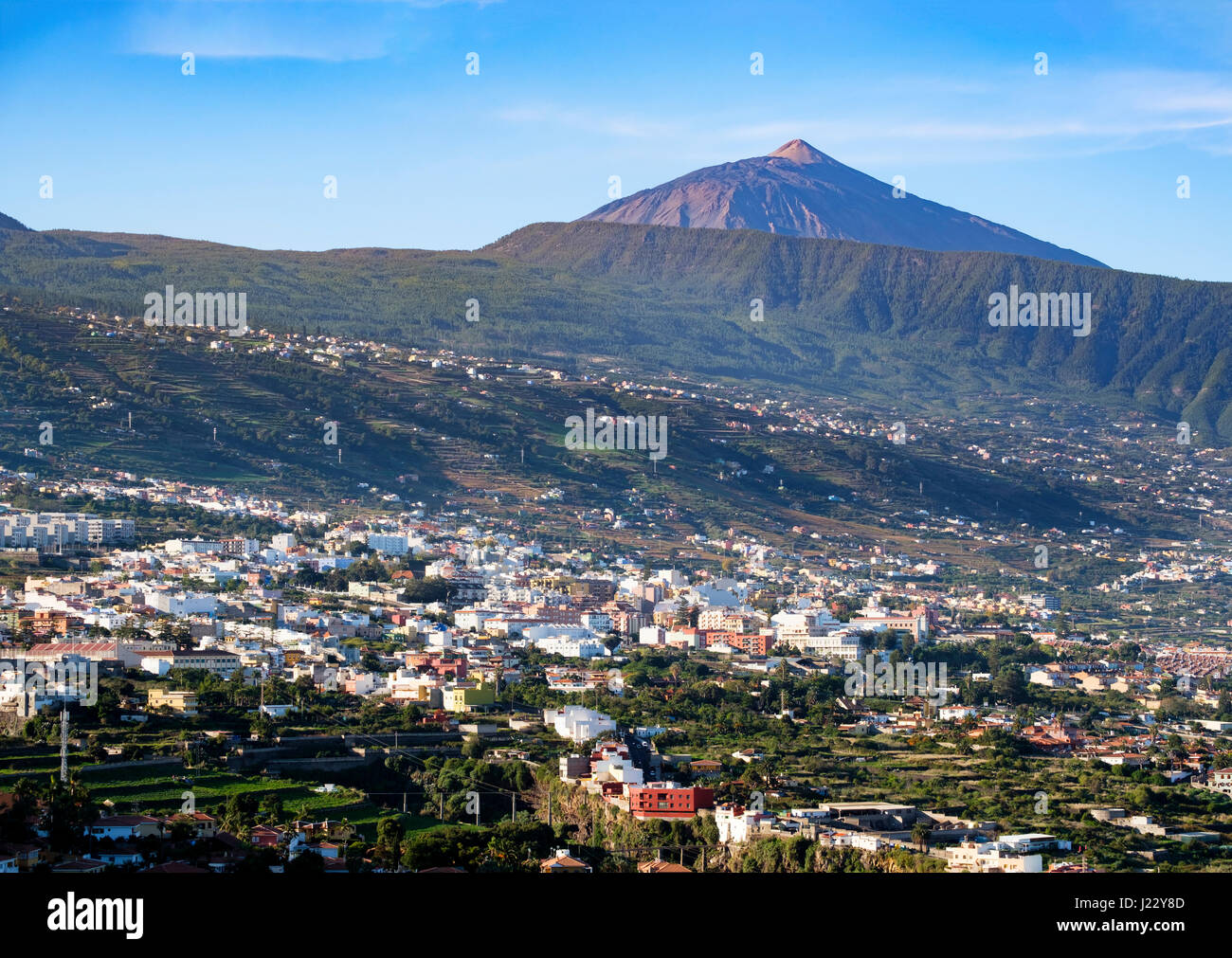 La Orotava, Orotava-Tal, Pico del Teide, Ausblick vom Mirador de Humboldt, Teneriffa, Kanarische Inseln, Spanien Stock Photo