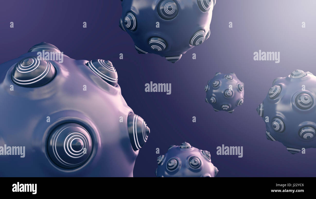 Floating pherical objects with protrusions, 3d rendering Stock Photo