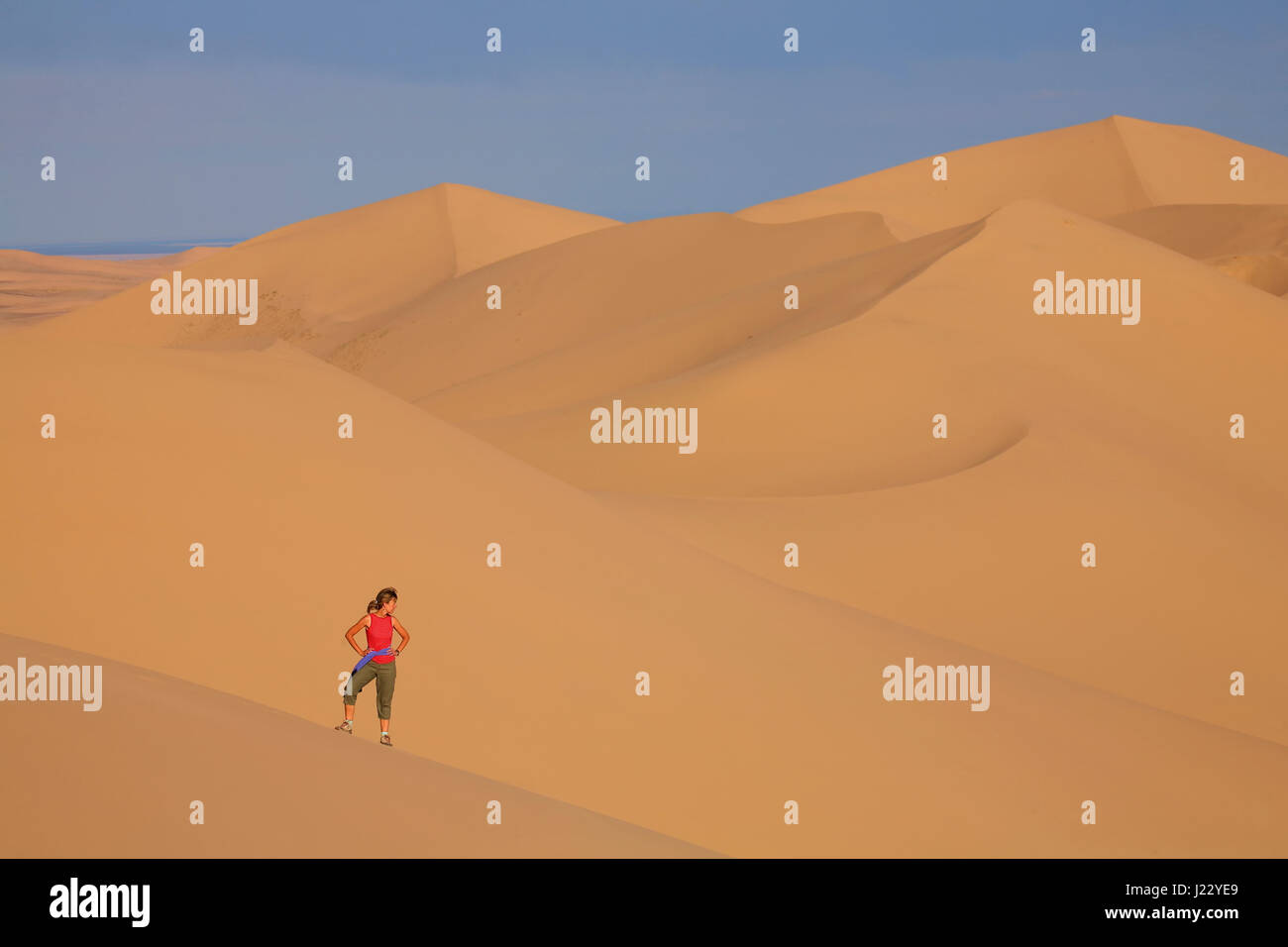 Climbing Dunes in the Namib-Naukluft National Park. These are the oldest and highest sand dunes in the world Stock Photo