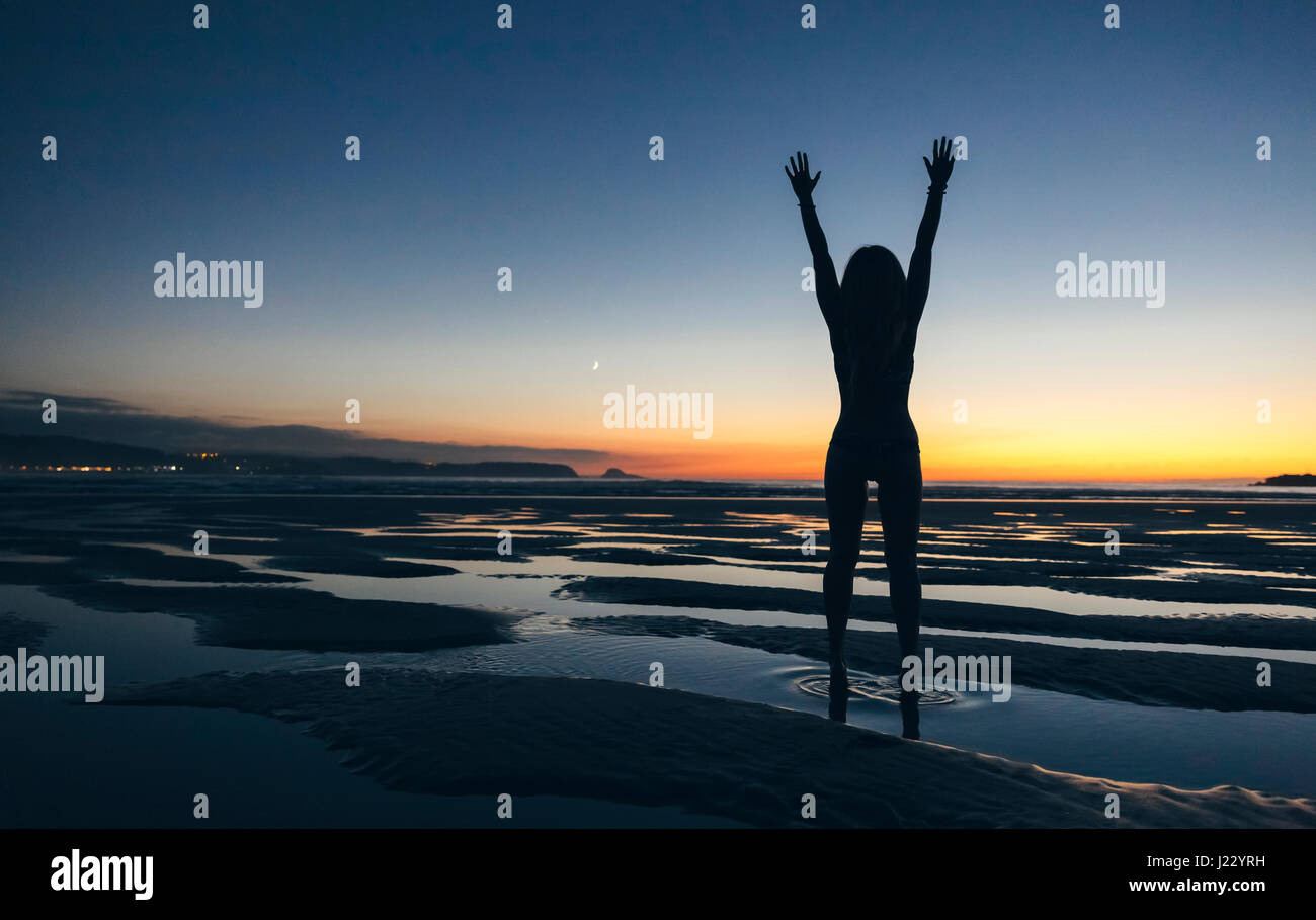 Young woman standing with raised arms by the sea at sunset Stock Photo ...