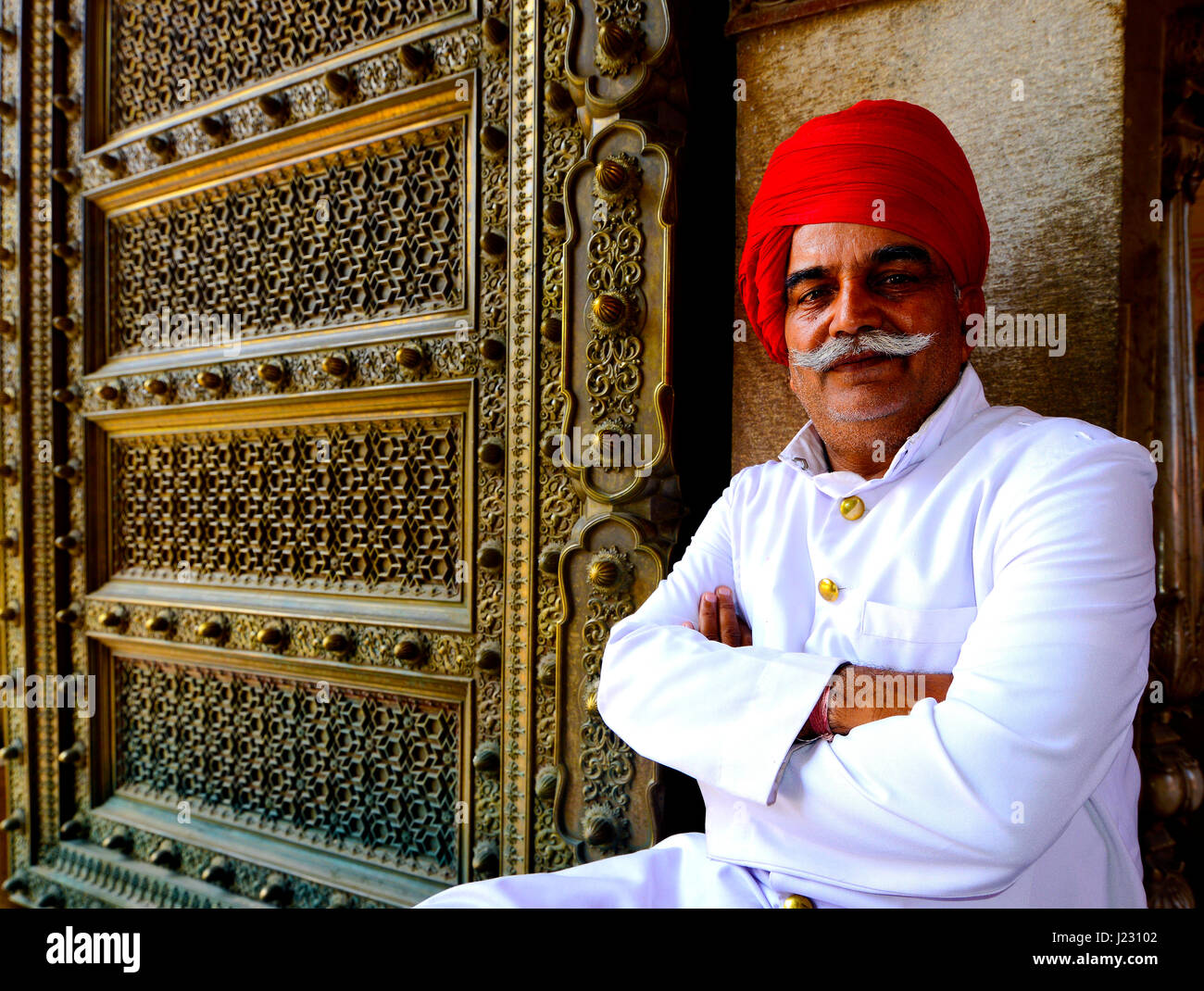 The traditionally-attired doorman at the City Palace Museum, Jaipur ...