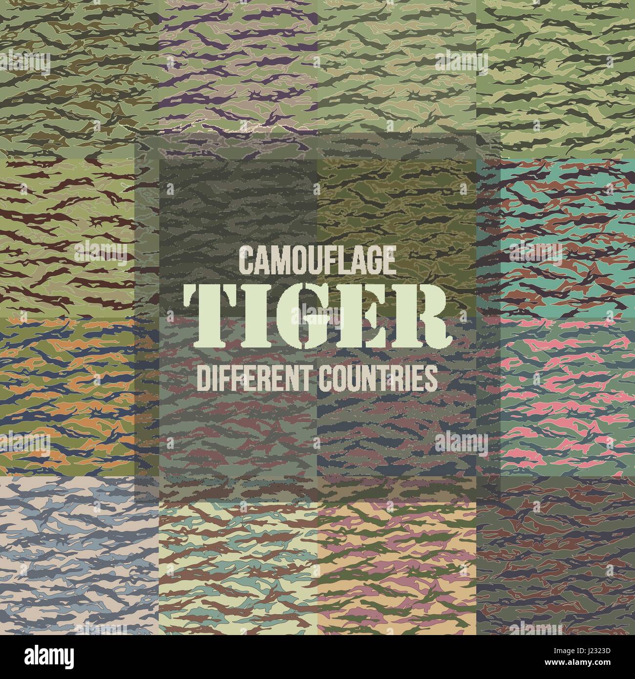Tiger stripe Camouflage seamless patterns of different countries. Vector Illustration. Stock Vector