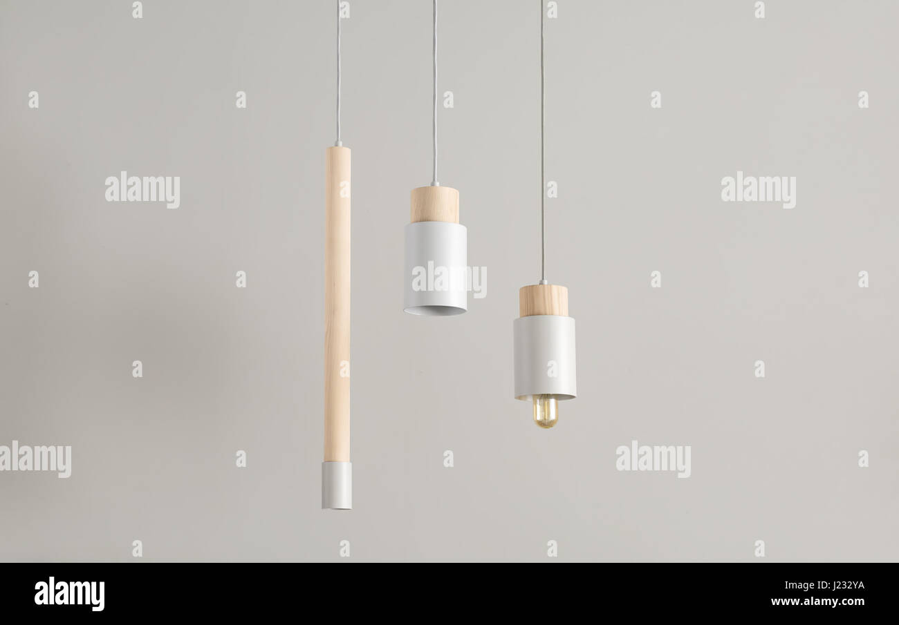 Hanging lamps with wooden parts Stock Photo Alamy
