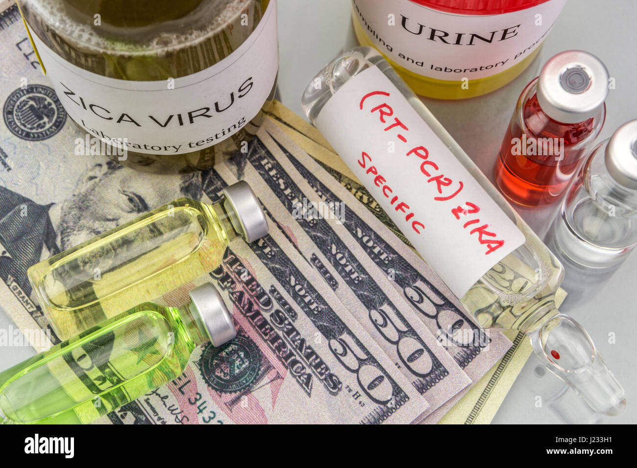Tests for Research of ZIKA test and vials on tickets of dollar Americans, concept of pharmaceutical copayment Stock Photo