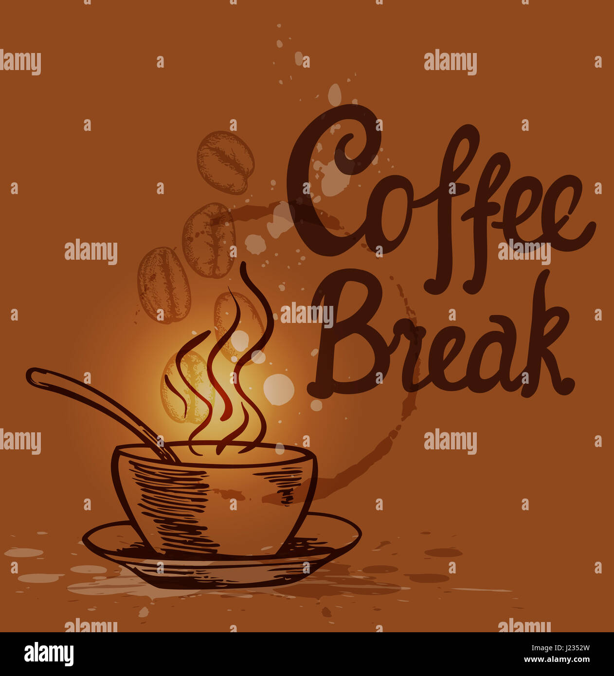 Background with cup of coffee, coffee beans and lettering. Hand drawn ...