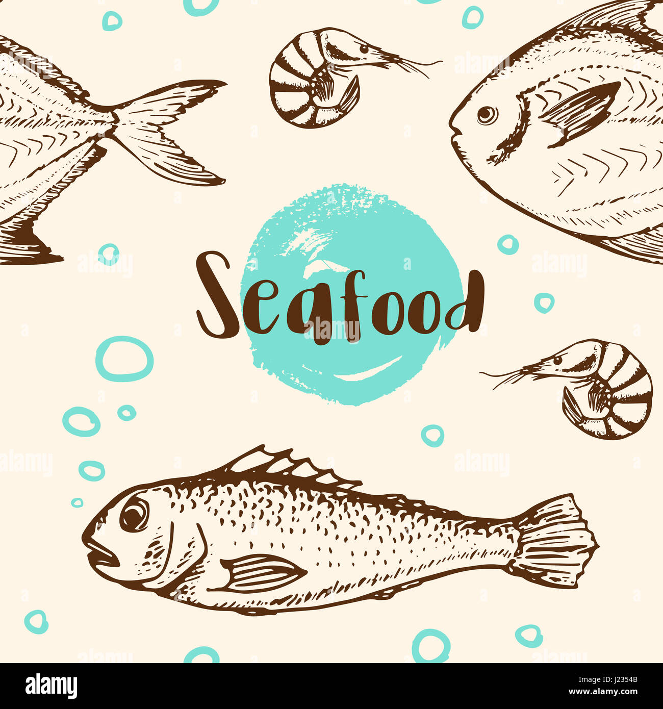 Vintage seamless pattern with shrimp and fish. Seafood background Stock ...