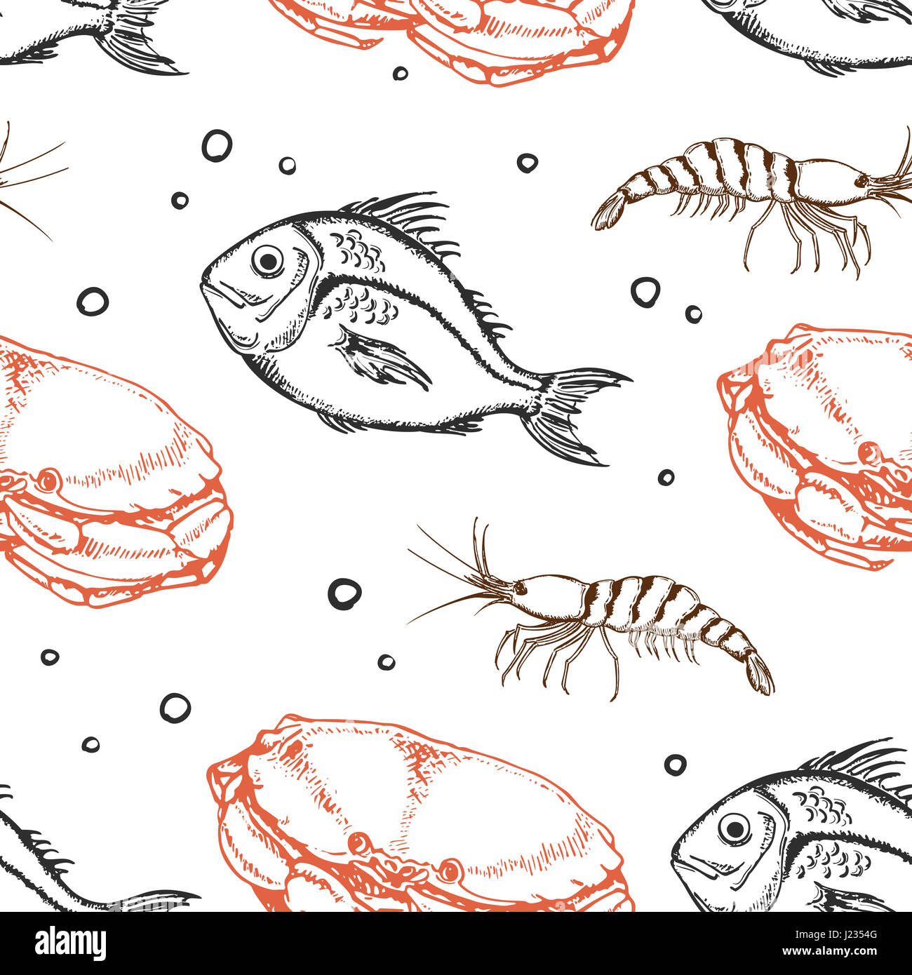 Vintage seamless pattern with crab, shrimp and fish. Seafood background ...