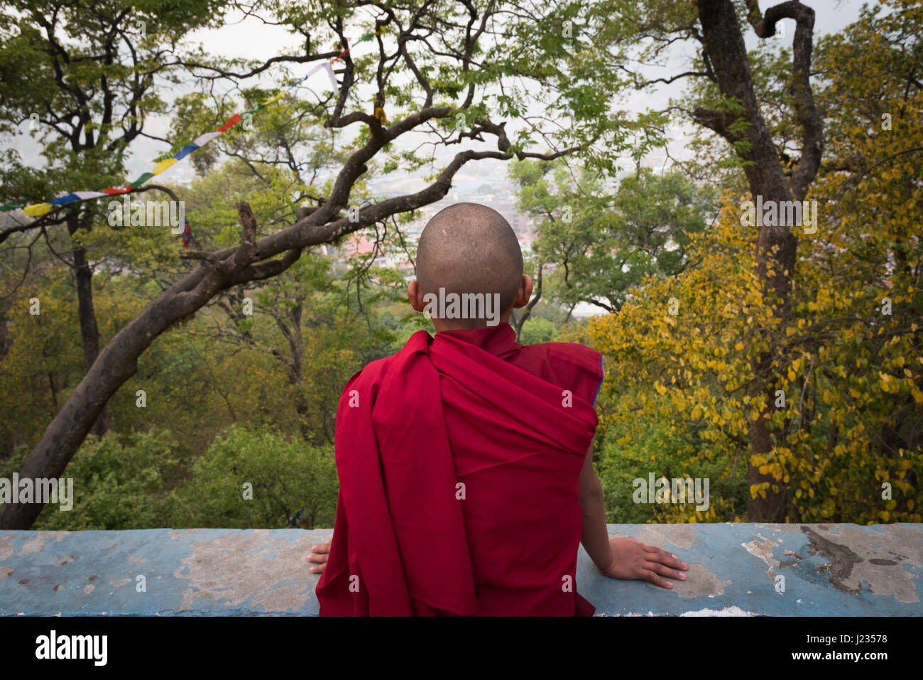 Young monk in thought at the Swayambhunath Temple, Kathmandu, Nepal