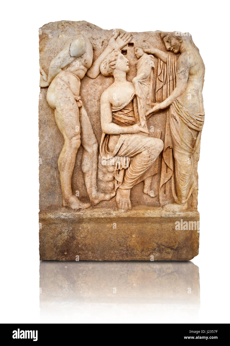 Roman temple freize relief sculpture, Aphrodisias of Dionysus as a baby, Aphrodisias Museum, Aphrodisias, Turkey..  Baby Dionysus is handed from one n Stock Photo