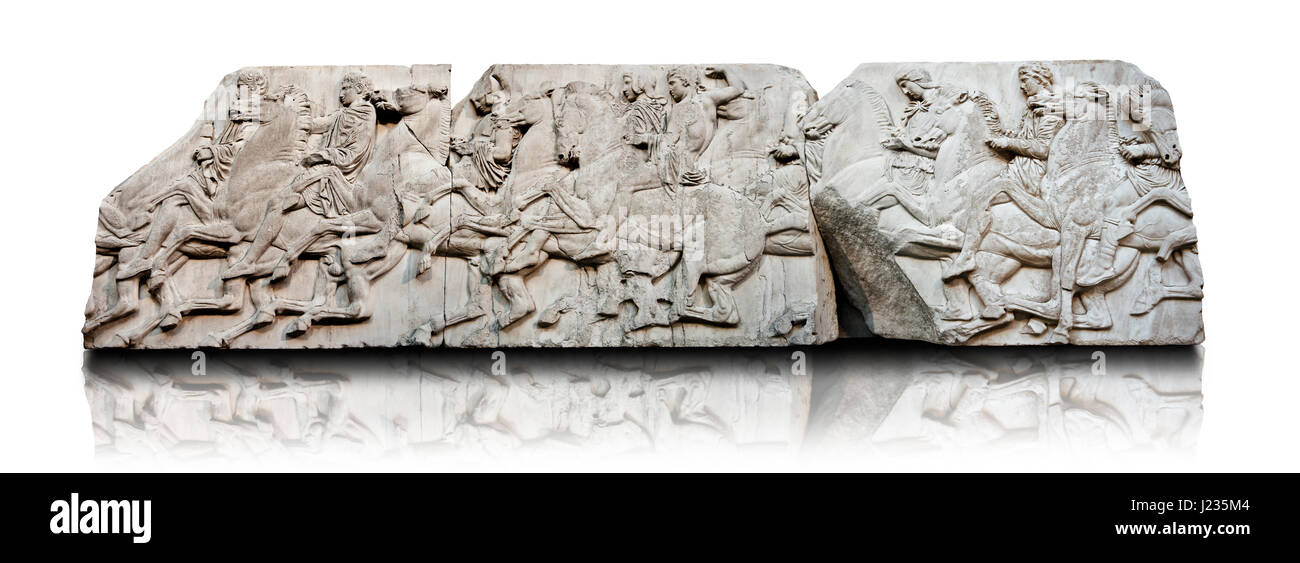 Marble Releif Sculptures from the frieze around the Parthenon Block XLII to XLIV 115 to 124  . From the Parthenon of the Acropolis Athens. A British M Stock Photo