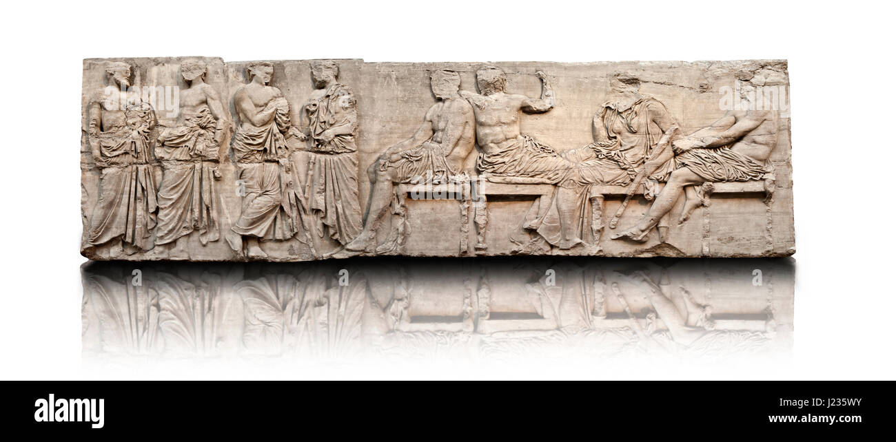 Marble Releif Sculptures from the east frieze around the Parthenon Block IV 20-27. From the Parthenon of the Acropolis Athens. A British Museum Exhibi Stock Photo
