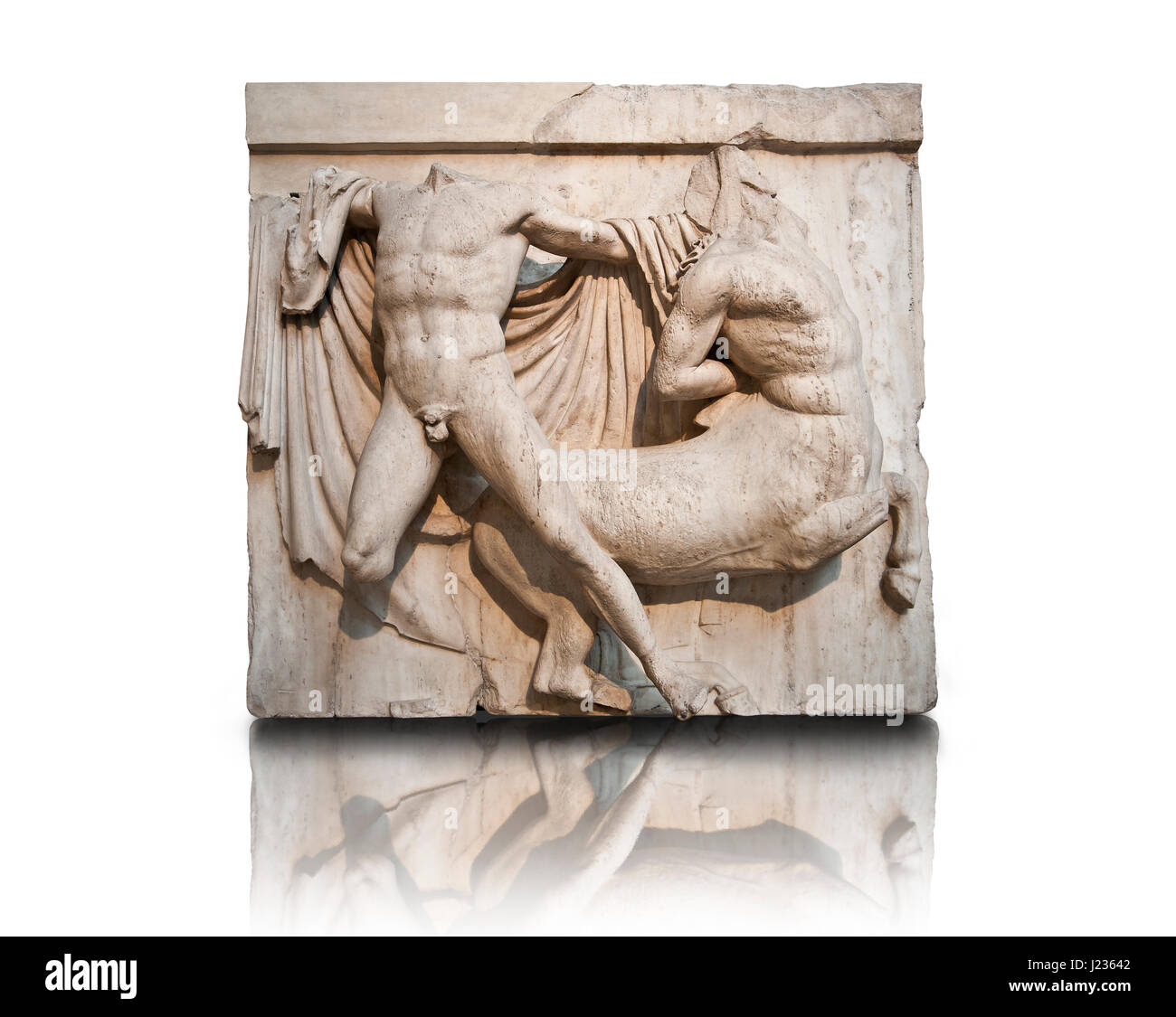 Sculpture of Lapiths and  Centaurs battling from the Metope of the Parthenon on the Acropolis of Athens no XXVII. Also known as the Elgin marbles. Bri Stock Photo