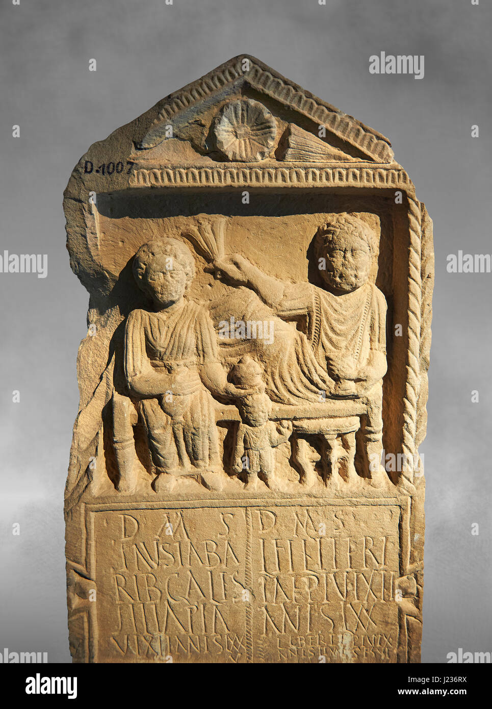 Second century Roman Christian funerary stele for 3 dead people from Africa Proconsularis. Bardo Museum, Tunis, Tunisia Stock Photo