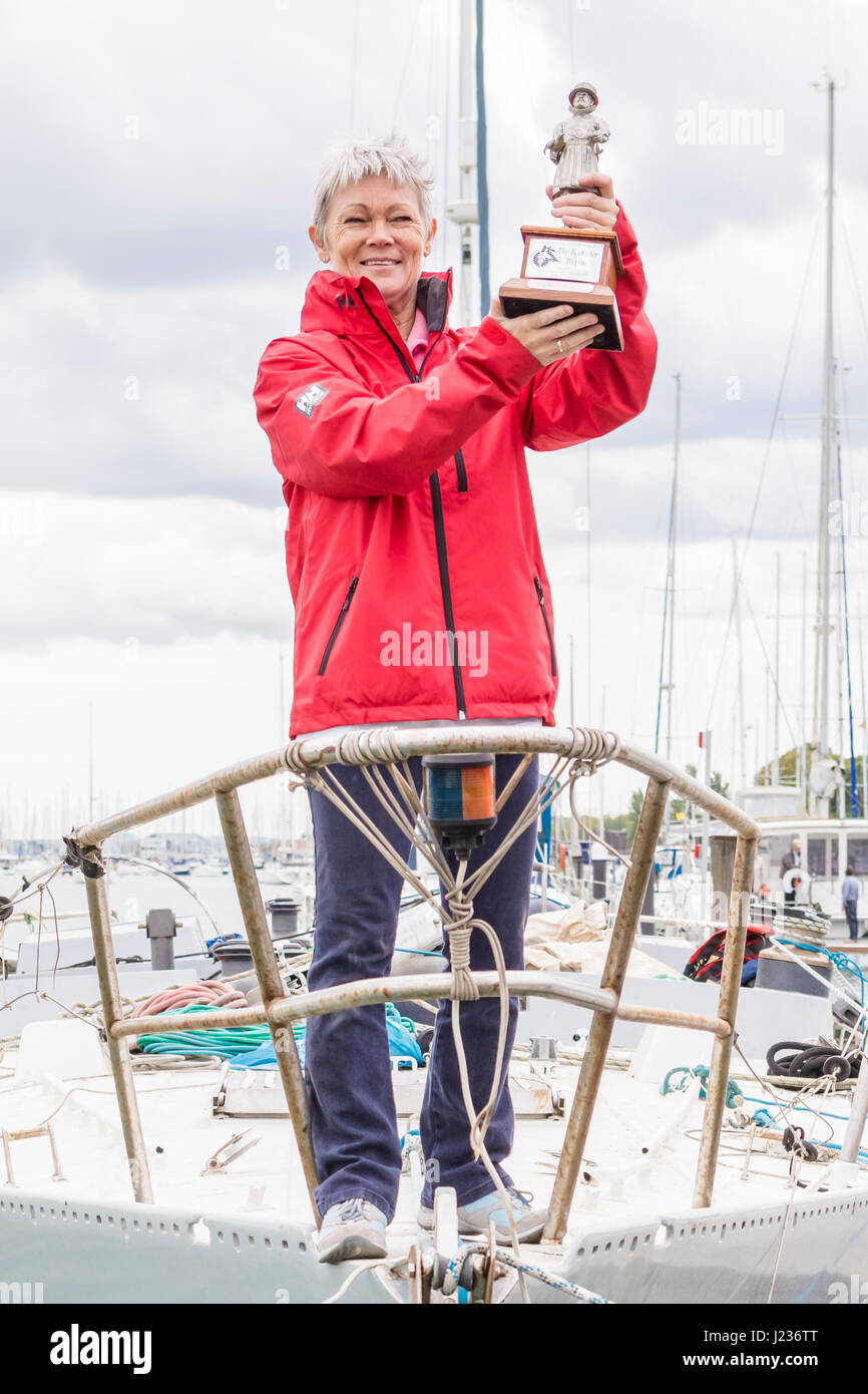 Tracy Edwards MBE with Beefeater trophy on board Maiden, the boat that made history 27 years ago. Picture date: Monday April 24, 2017. Stock Photo