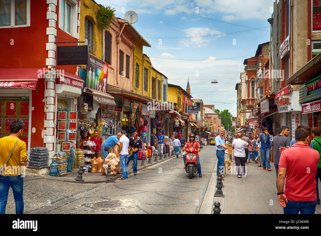 ISTANBUL, TURKEY - JULY 16, 2014: Everyday life on the market street near Grand  Bazaar in Istanbul. Turkey. Stock Photo