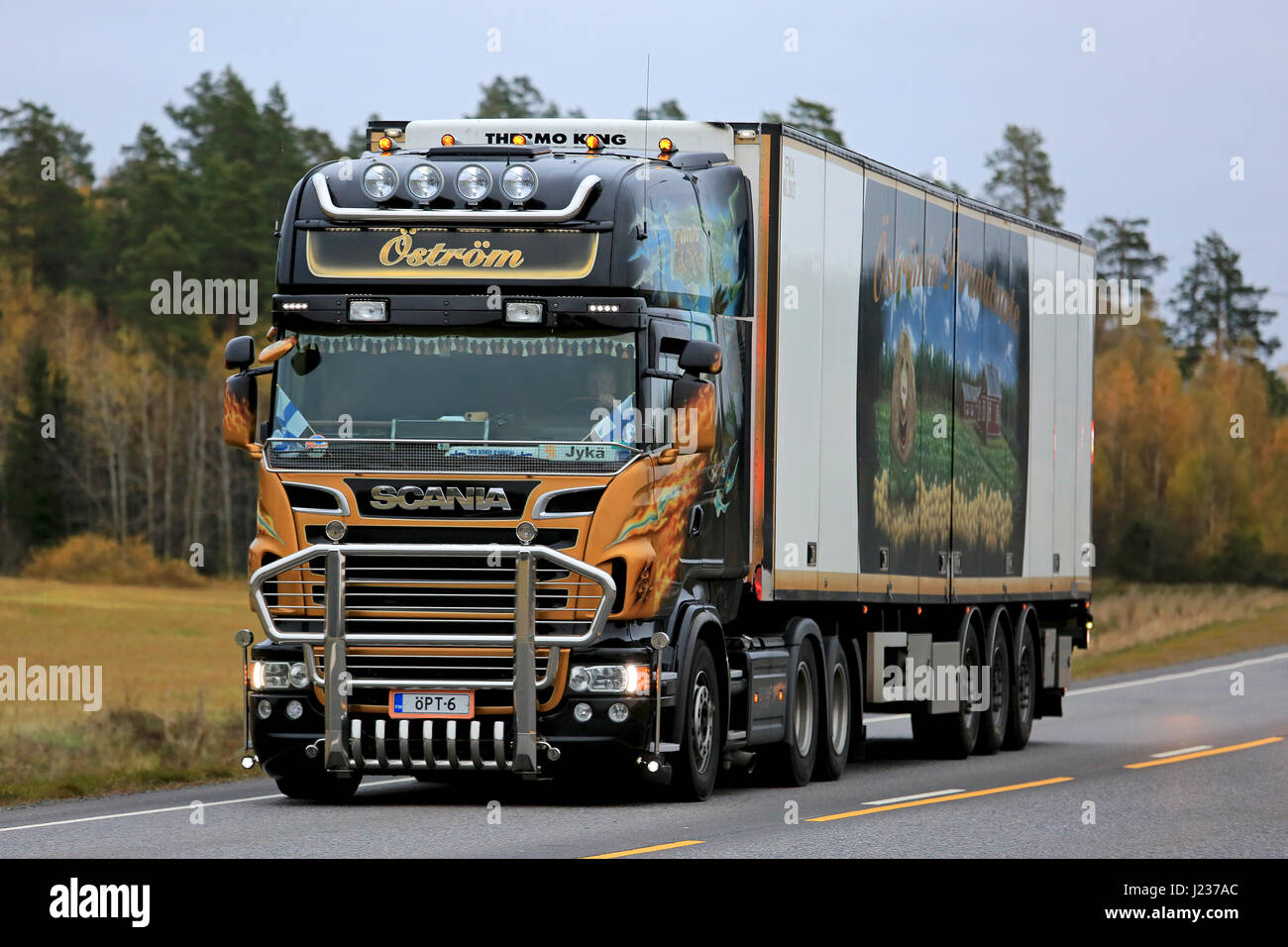 KAARINA, FINLAND - OCTOBER 14, 2016: Customized Scania V8 refrigerator truck of Ostrom Pro Trans for temperature controlled transport on the road in a Stock Photo