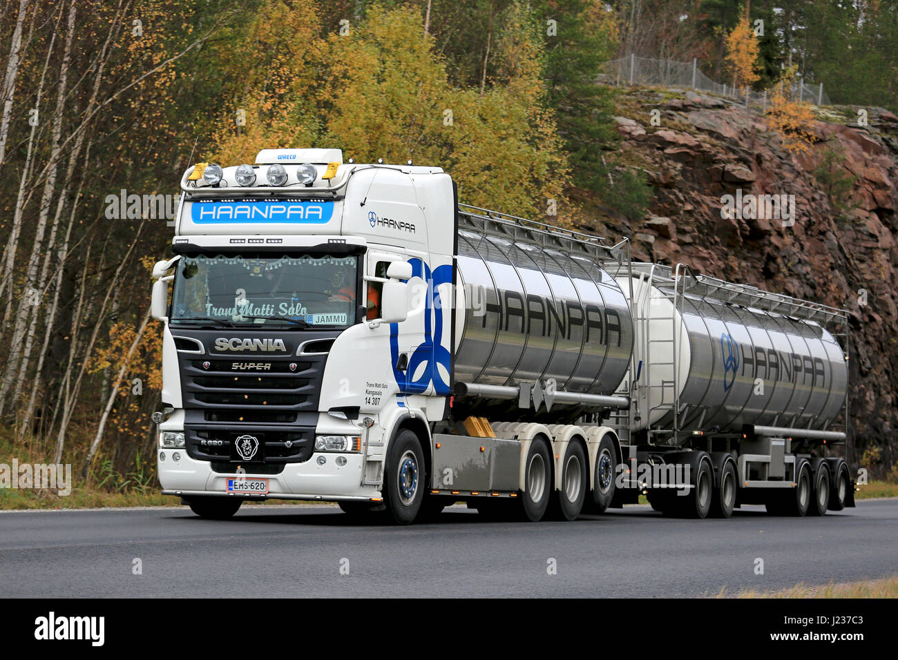 KARJAA, FINLAND - OCTOBER 15, 2016: White super Scania R620 tank truck of Trans Matti Salo for Haanpaa moves along highway in autumn in South of Finla Stock Photo