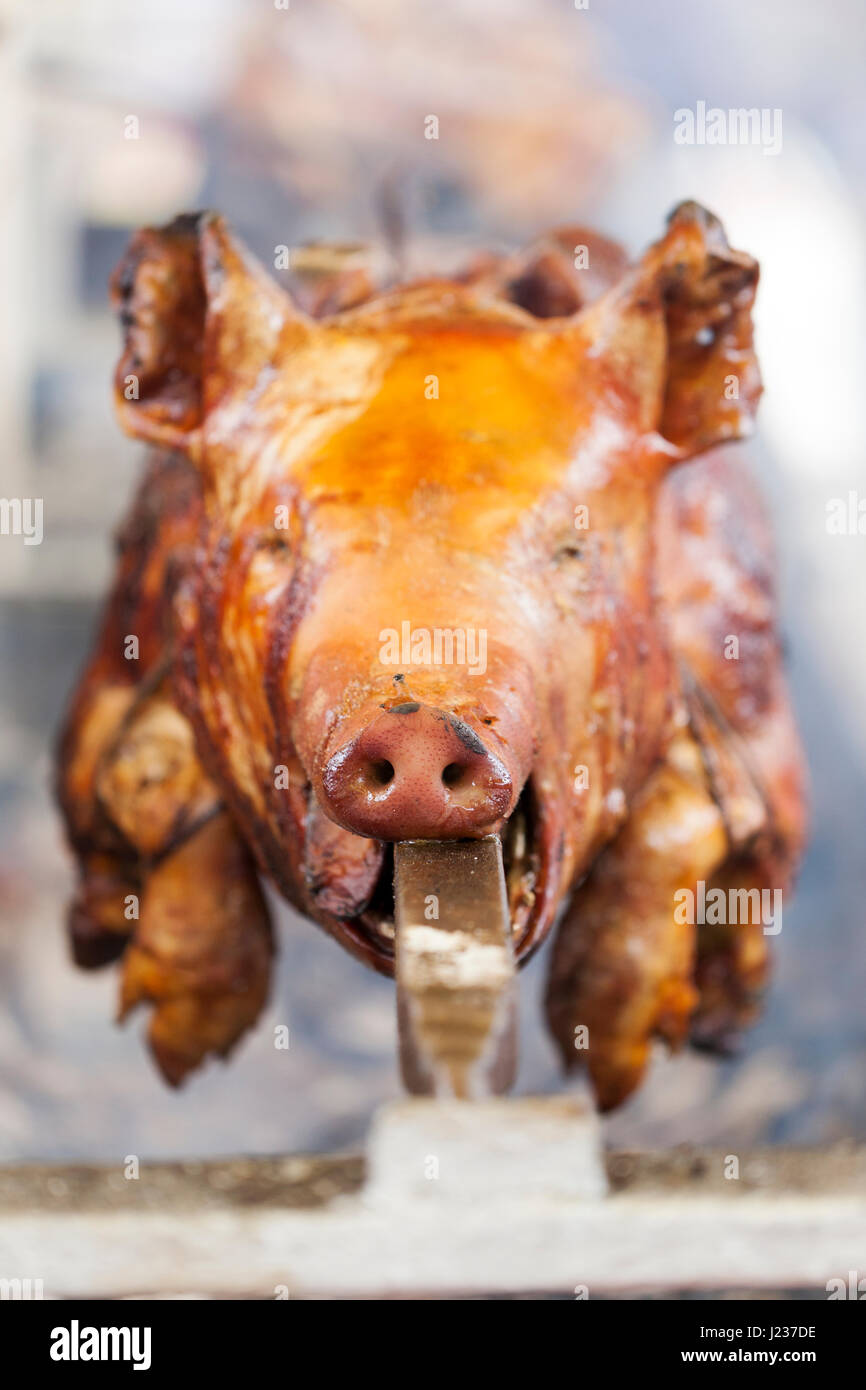 Traditionally suckling pig on a rotating spit with fire and smoke.Very ...