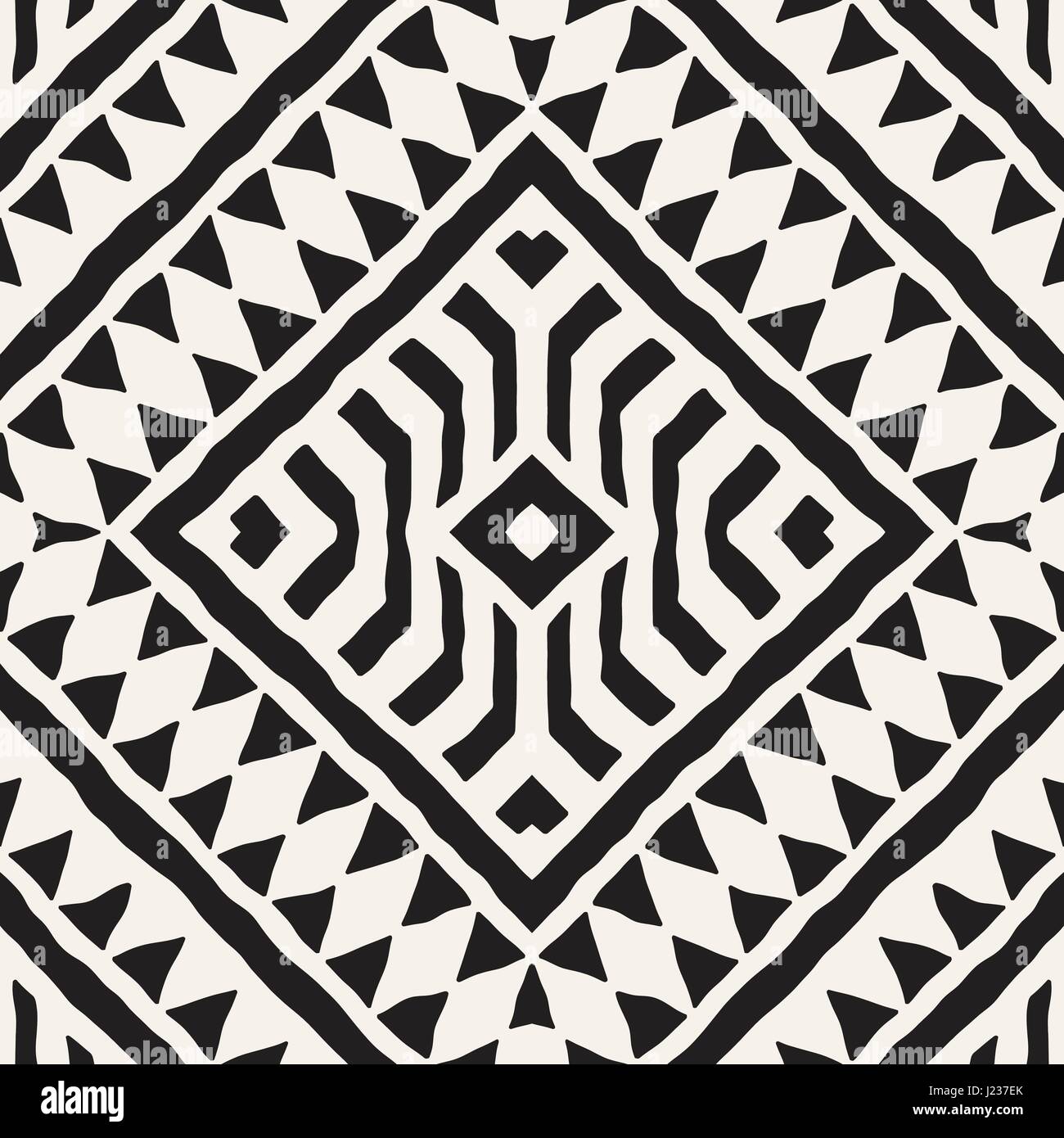 Black and white tribal vector seamless pattern with doodle elements. Aztec abstract geometric art print. Ethnic ornamental hand drawn backdrop. Stock Vector