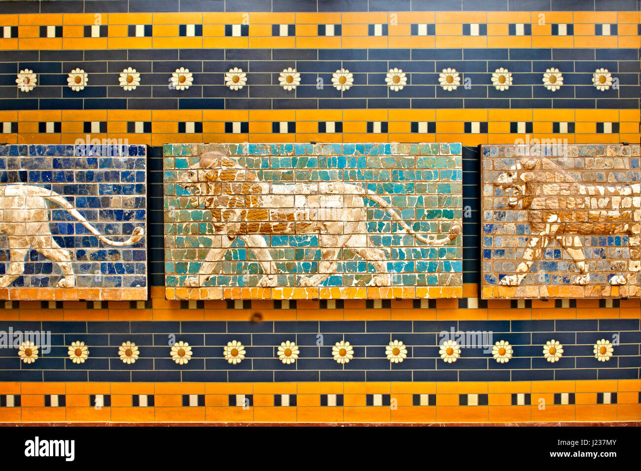 Lion relief on glazed bricks from the Ishtar Gate, Babylon, Iraq constructed in about 575 BC,  Istanbul Archaeological Museum. Stock Photo
