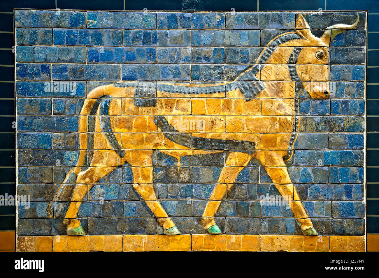 Aurochs relief pictures on glazed bricks from the Ishtar Gate, Babylon, Iraq constructed in about 575 BC,  Istanbul Archaeological Museum. Stock Photo