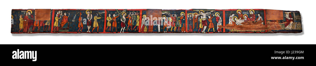 Romanesque painted Beam depicting The Passion and the Stations of the Cross  Around 1192-1220, Tempera on wood from Catalonia, Spain.  Acquisition of  Stock Photo