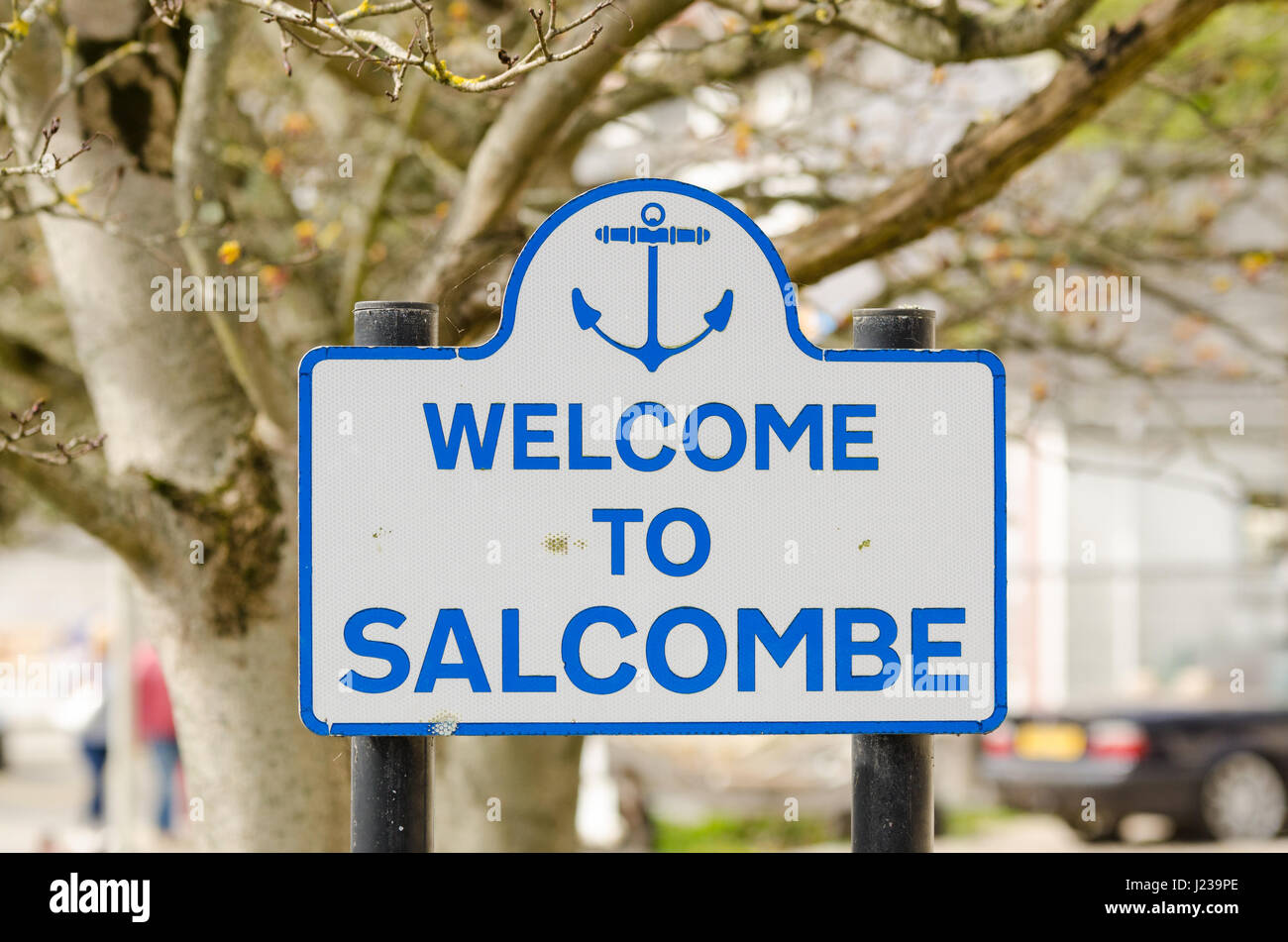 Sign saying welcome to Salcombe in the pretty Devon sailing town Stock Photo