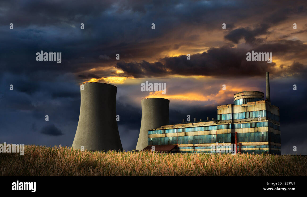 Illustration of old factory under the storm heaven with fire on the top of chimneys. 3D render. Stock Photo