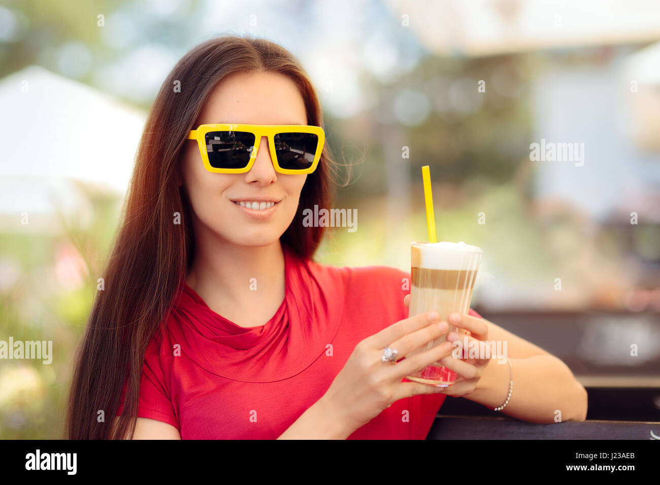 Happy Beautiful Woman with Summer Coffee Drink Stock Photo Alamy