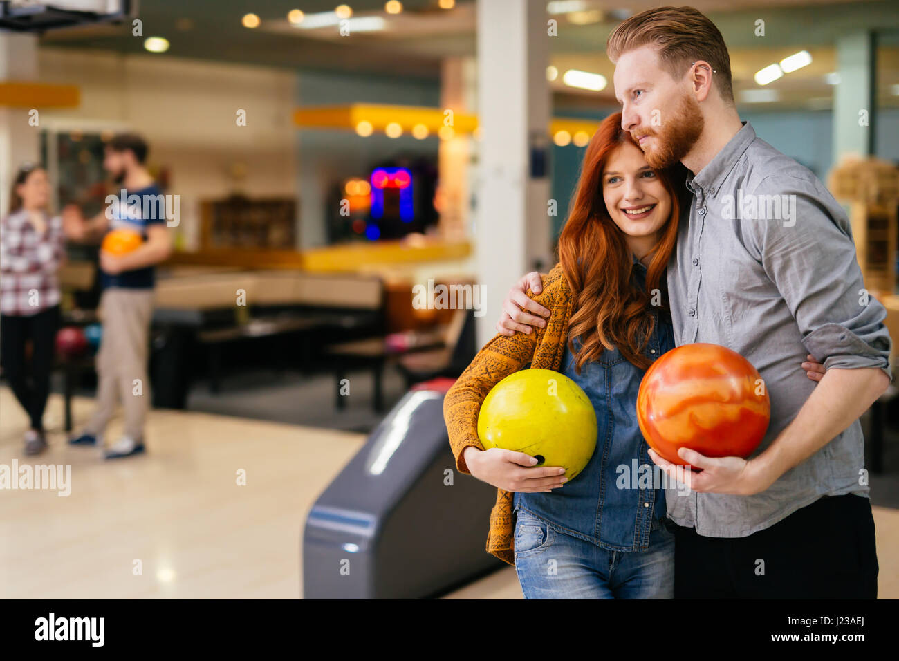 Beautiful Couple In Love Dating And Bowling Stock Photo Alamy