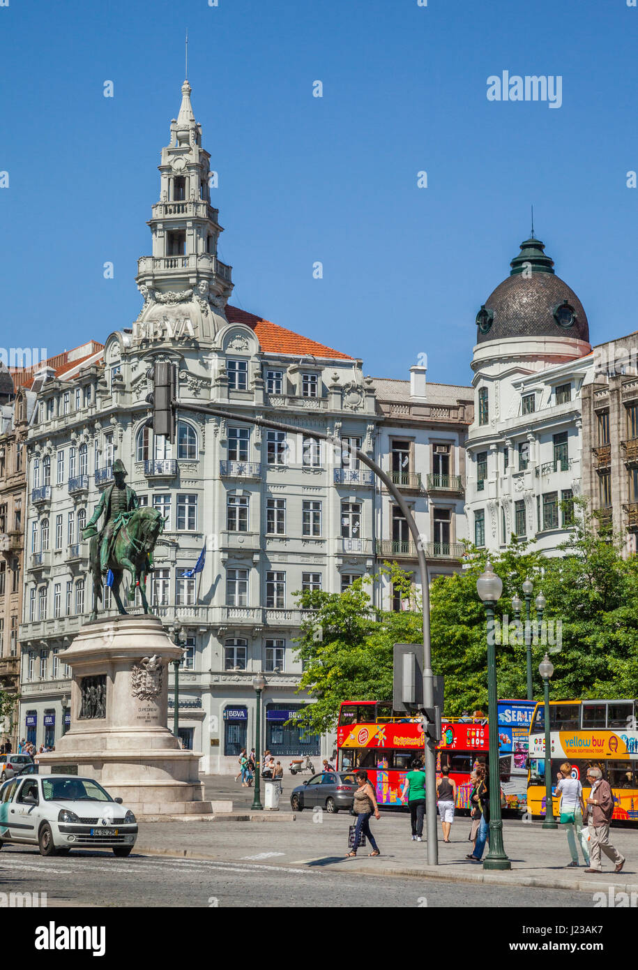 Portugal, Region Norte, Porto, view of Avenida dos Aliagos from  Praca da Liberdade, with equestrian statue of King Peter IV (Dom Pedro IV), against t Stock Photo