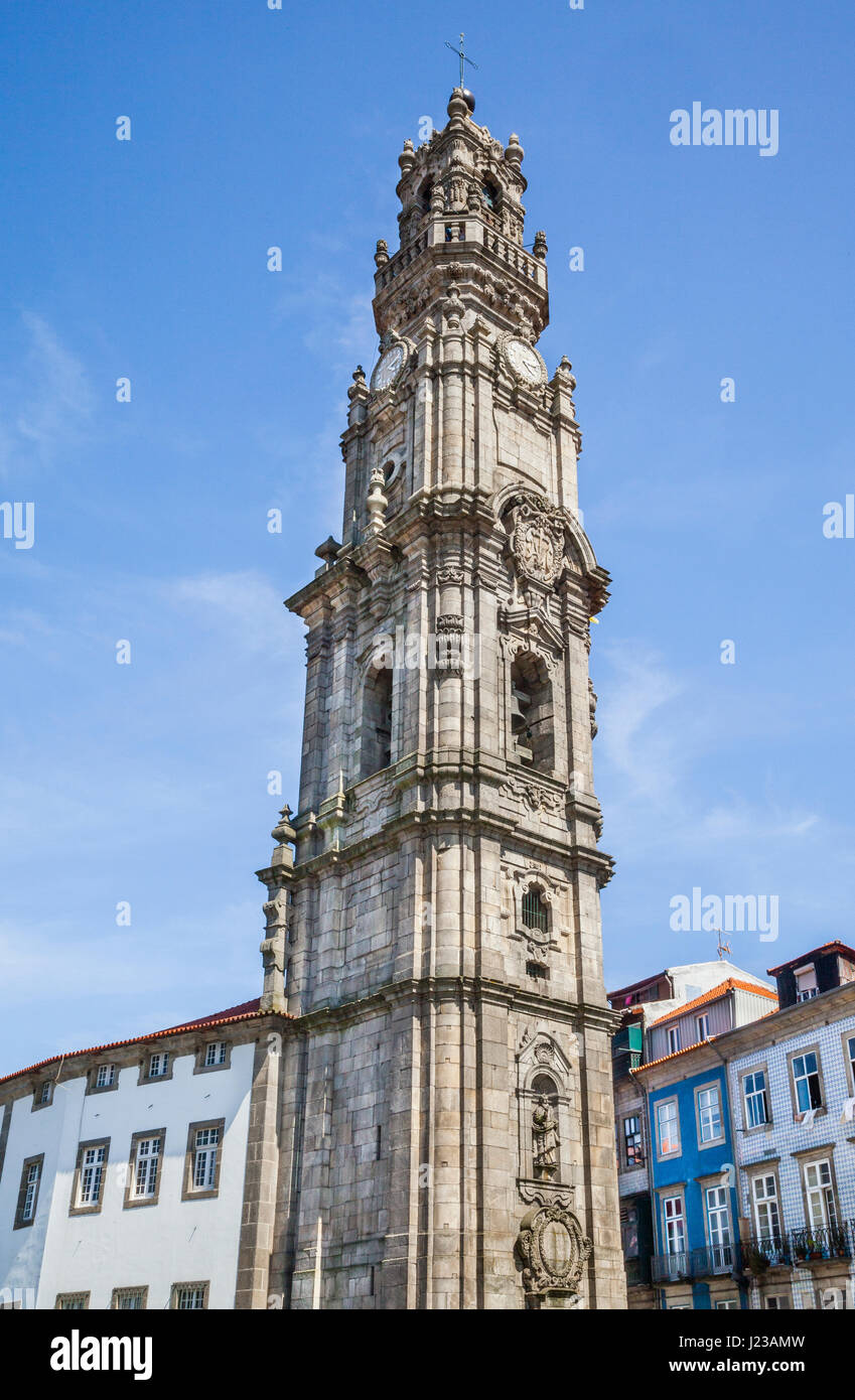Portugal, Region Norte, Porto, view of the monumental 75.6 metre Baroque bell tower (Torre dos Clérigos) of Clérigos Church Stock Photo