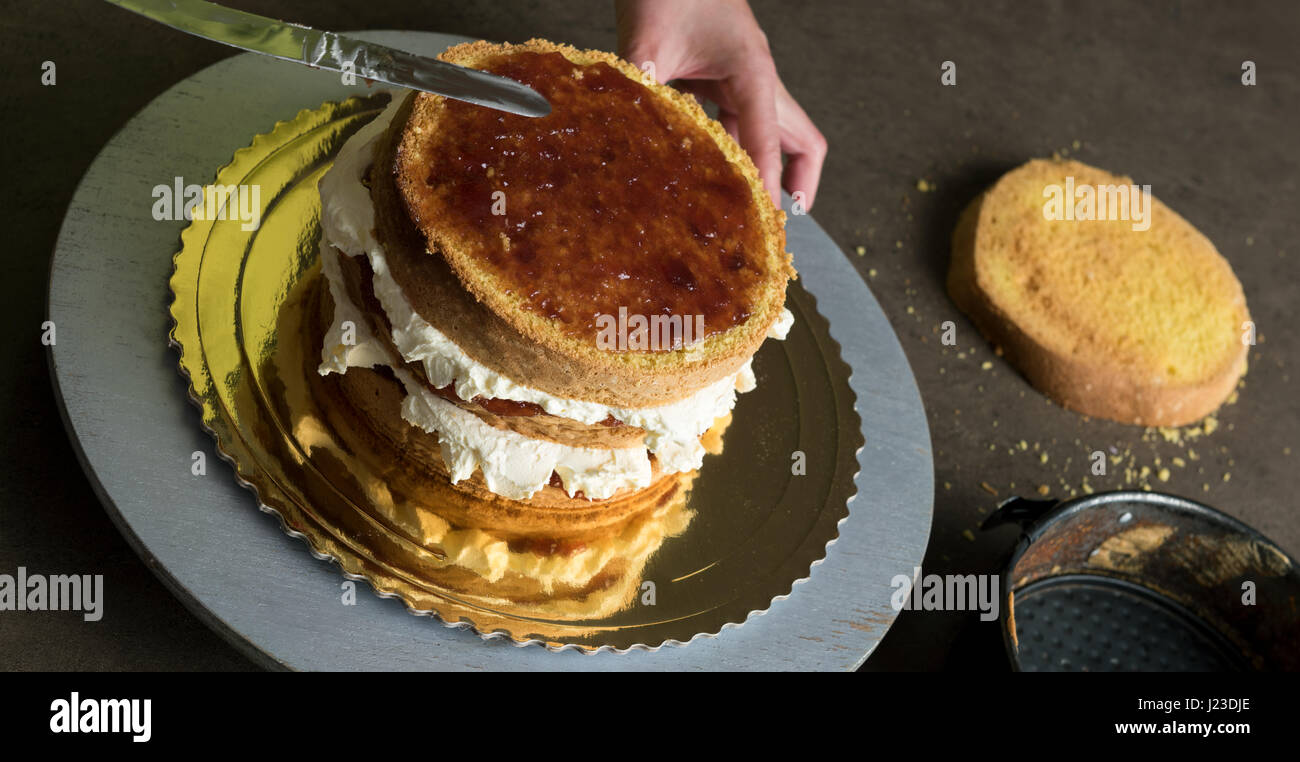 Woman decorating a delicious cake with icing cream Stock Photo