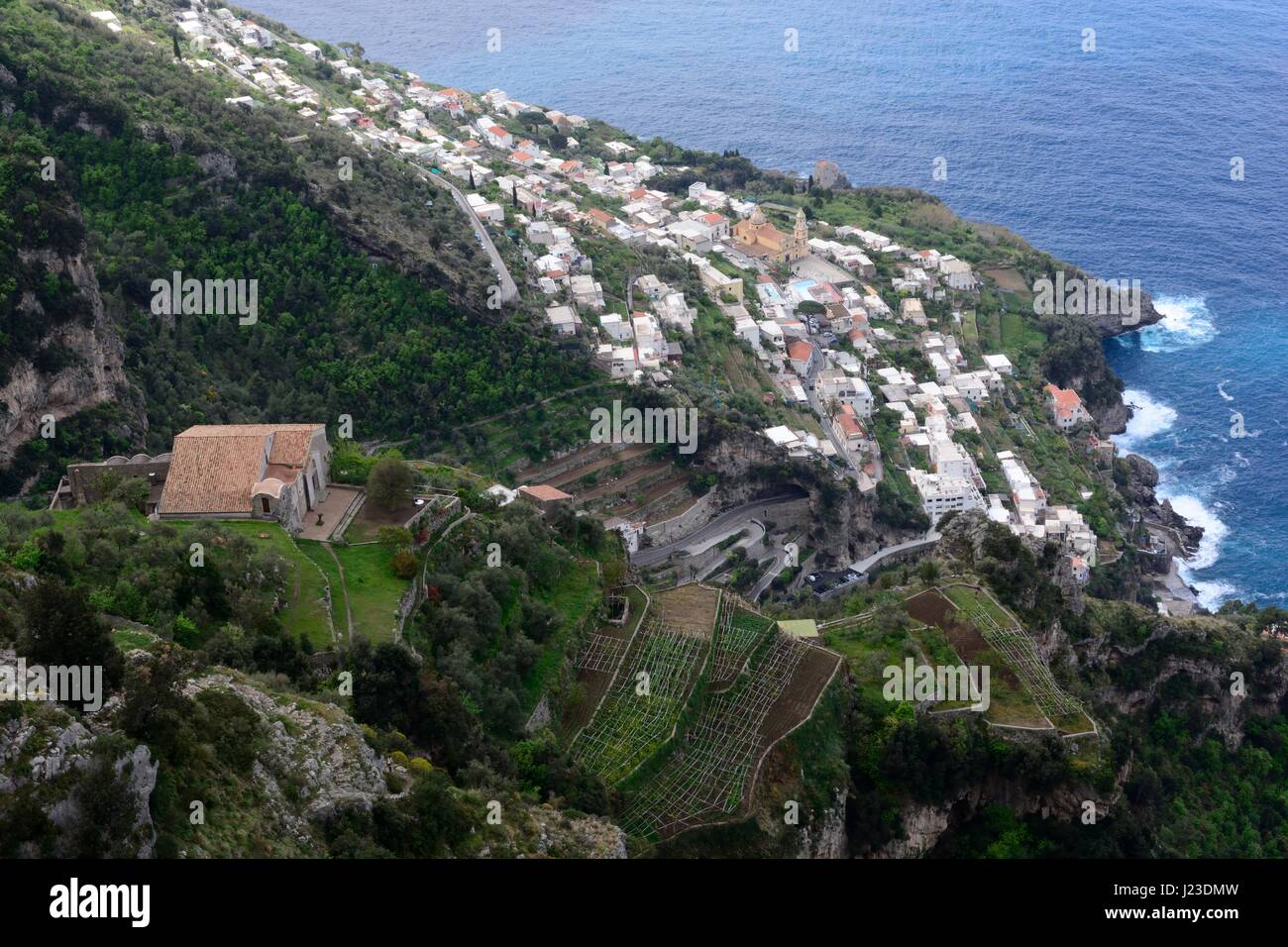 Wine vineyard terraces terrace near the village of Furore on the Amalfi and Bay of Salerno Camania Italy Stock Photo