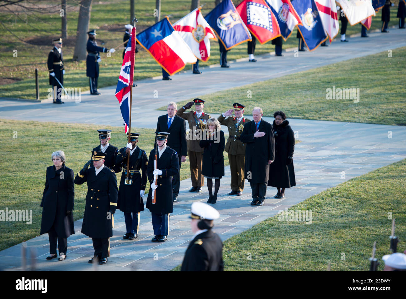 U.S. Army Commanding General Bradley Becker escorts United Kingdom Prime Minister Theresa May during a full honors wreath ceremony at the Arlington National Cemetery January 27, 2017 in Arlington, Virginia.    (photo by Rachel Larue /US Army via Planetpix) Stock Photo