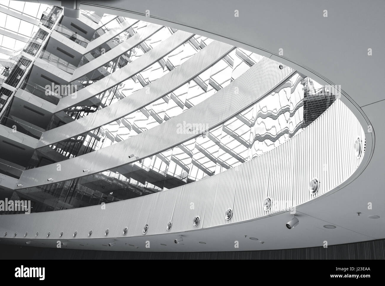 Modern architecture interior lines and shapes. Black and white abstract looking indoors picture Stock Photo