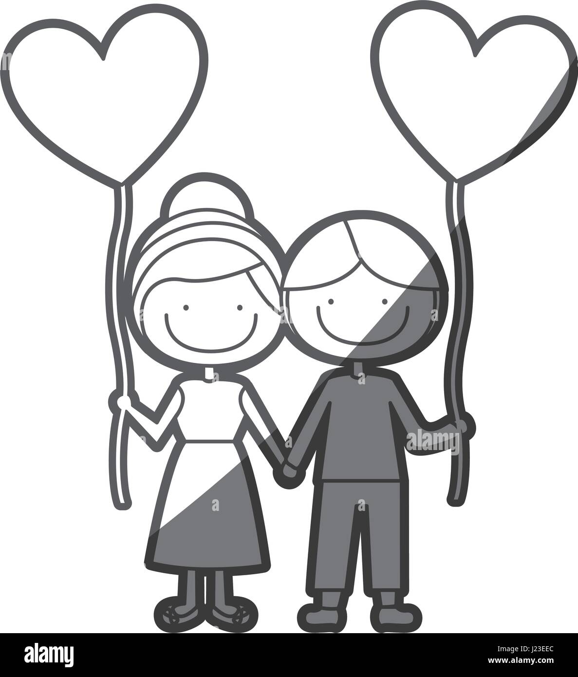 Grayscale Silhouette Of Caricature Of Boy And Girl With Balloon In Shape Of Heart Stock Vector Image Art Alamy