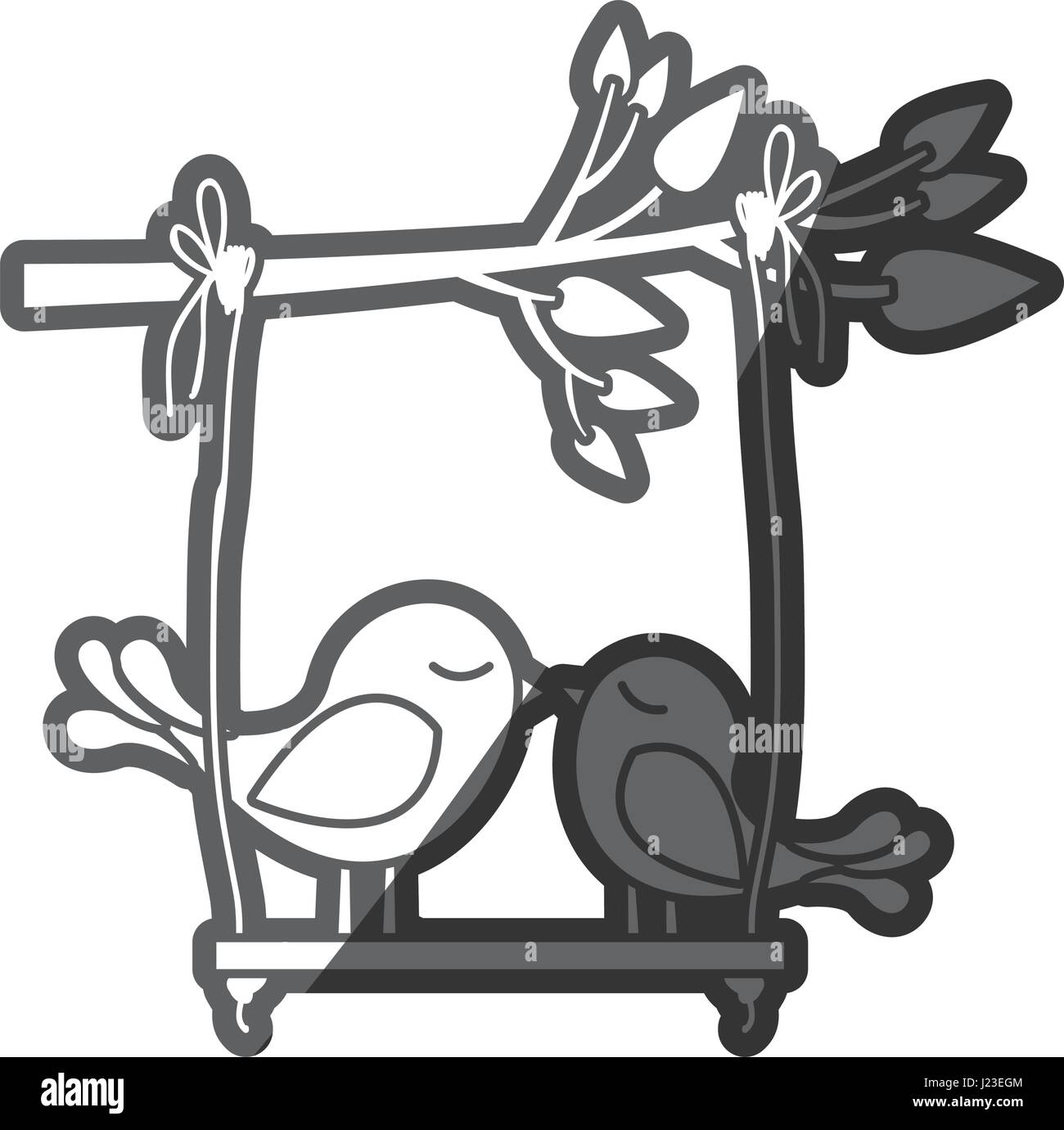 Grayscale thick silhouette of tree branch with swing and couple of