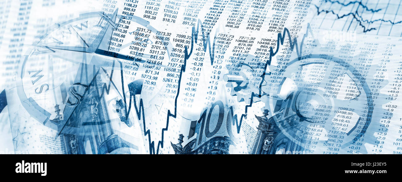 Share prices, charts, compass and gears as a symbol for the development of the market. Stock Photo