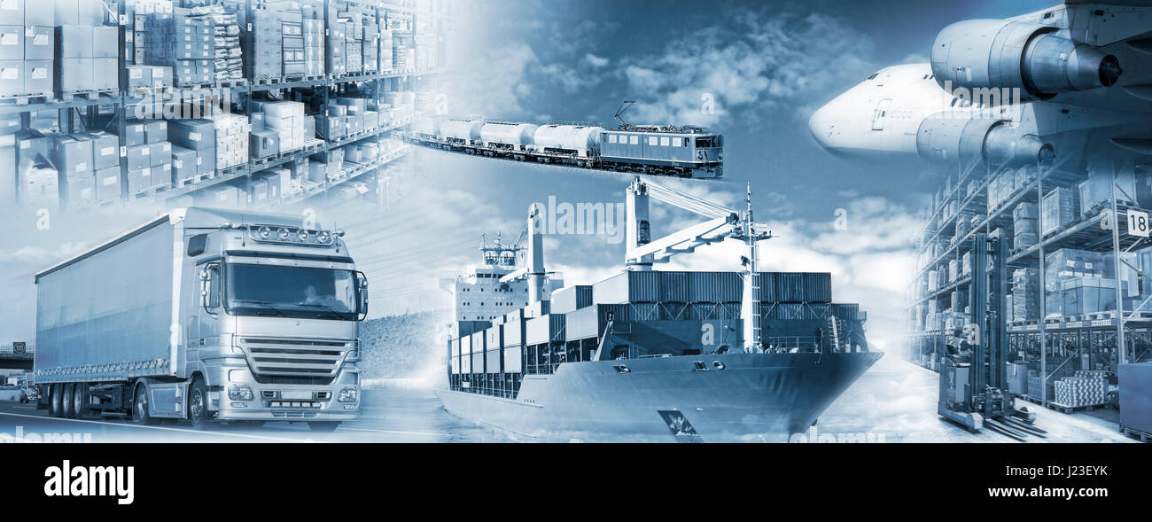 Transportation of goods by truck, ship, plane and train and their storage. Stock Photo