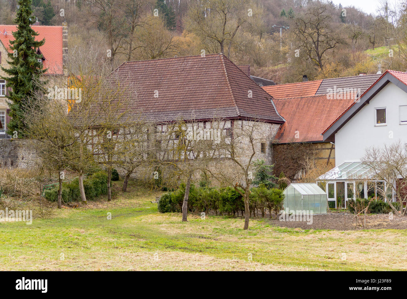 idyllic agricultural scenery at Unterregenbach, a village in Hohenlohe in Southern Germany Stock Photo