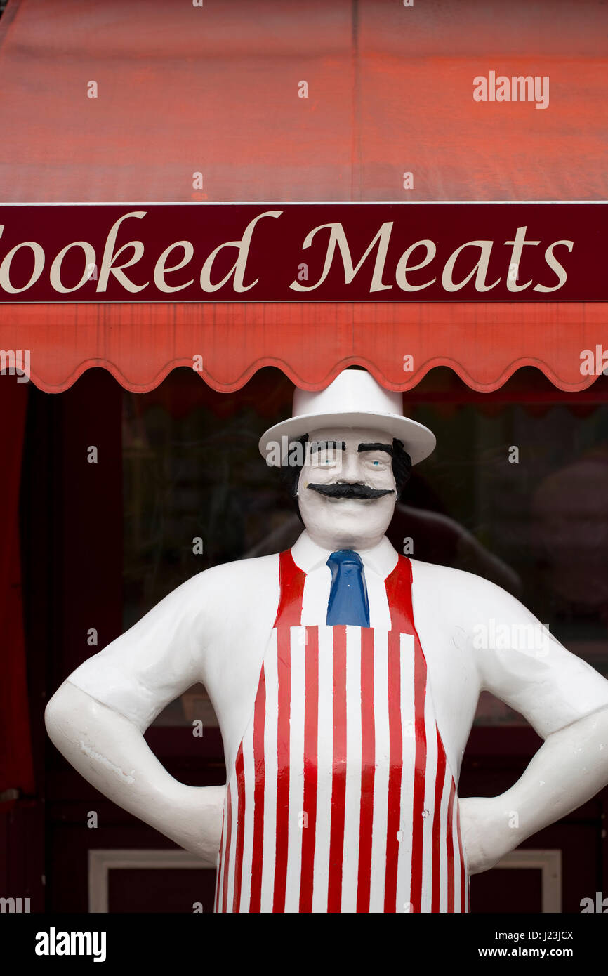Butcher's Shop and Butcher figure on Beverley High Street UK Stock